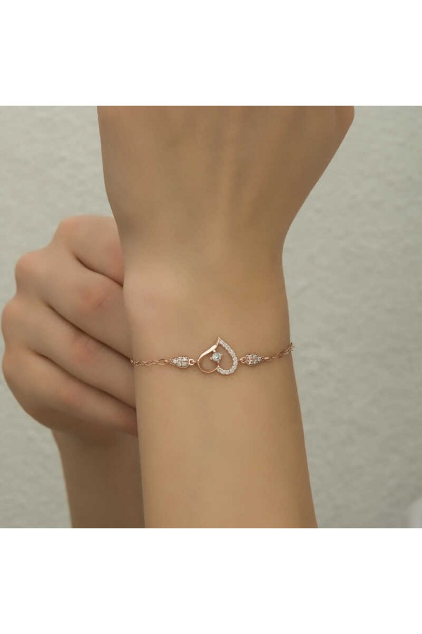 925 Ayar Gümüş Rose Kalpli Tektaş Kadın Bileklik