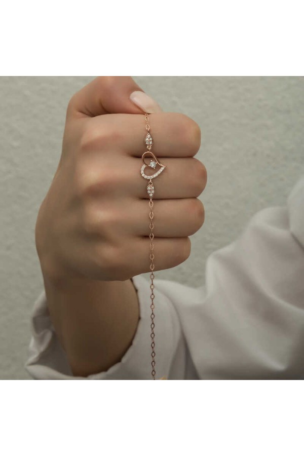 925 Ayar Gümüş Rose Kalpli Tektaş Kadın Bileklik