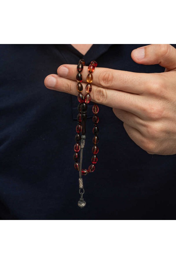 Gümüş Kazaz Püsküllü Sarı Siyah Kırmızı Sıkma Kehribar Tesbih