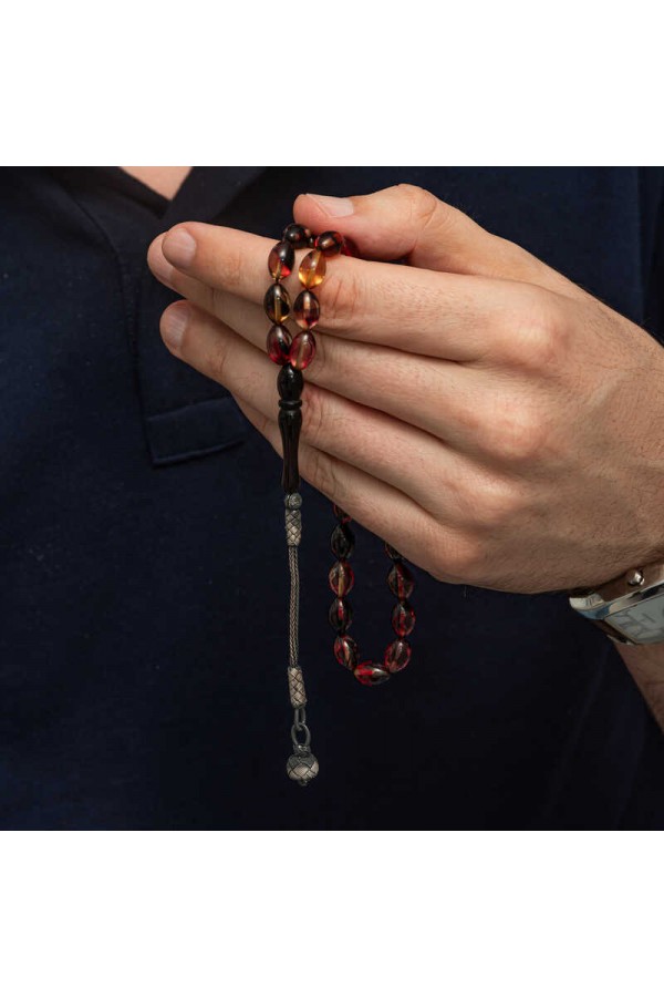 Gümüş Kazaz Püsküllü Sarı Siyah Kırmızı Sıkma Kehribar Tesbih