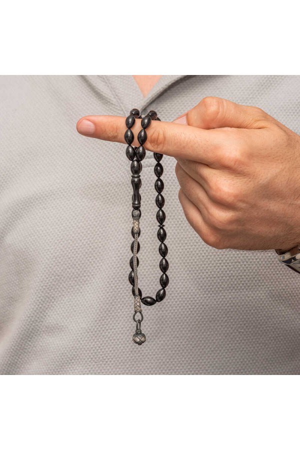 Gümüş Kazaz Püsküllü Siyah Sıkma Kehribar Tesbih Gümüş Kazaz Püsküllü Siyah Sıkma Kehribar Tesbih