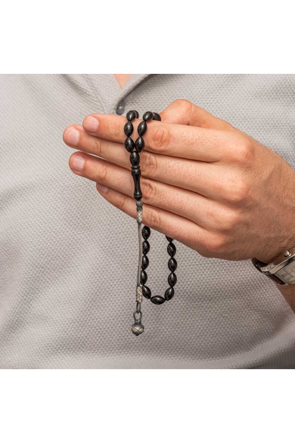 Gümüş Kazaz Püsküllü Siyah Sıkma Kehribar Tesbih Gümüş Kazaz Püsküllü Siyah Sıkma Kehribar Tesbih