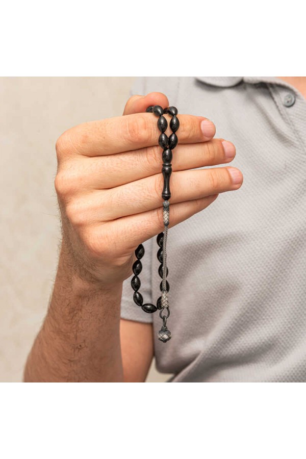 Gümüş Kazaz Püsküllü Siyah Sıkma Kehribar Tesbih Gümüş Kazaz Püsküllü Siyah Sıkma Kehribar Tesbih