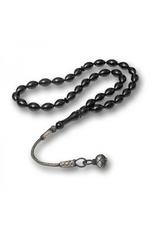 Gümüş Kazaz Püsküllü Siyah Sıkma Kehribar Tesbih Gümüş Kazaz Püsküllü Siyah Sıkma Kehribar Tesbih
