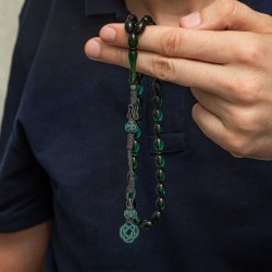 Gümüş Kazaz Püsküllü Yeşil Sıkma Kehribar Tesbih Gümüş Kazaz Püsküllü Yeşil Sıkma Kehribar Tesbih