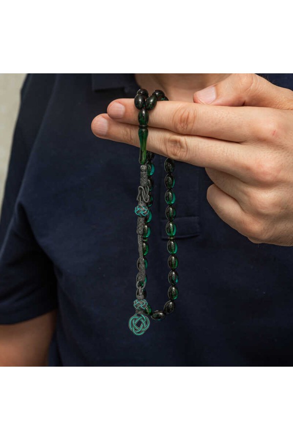 Gümüş Kazaz Püsküllü Yeşil Sıkma Kehribar Tesbih