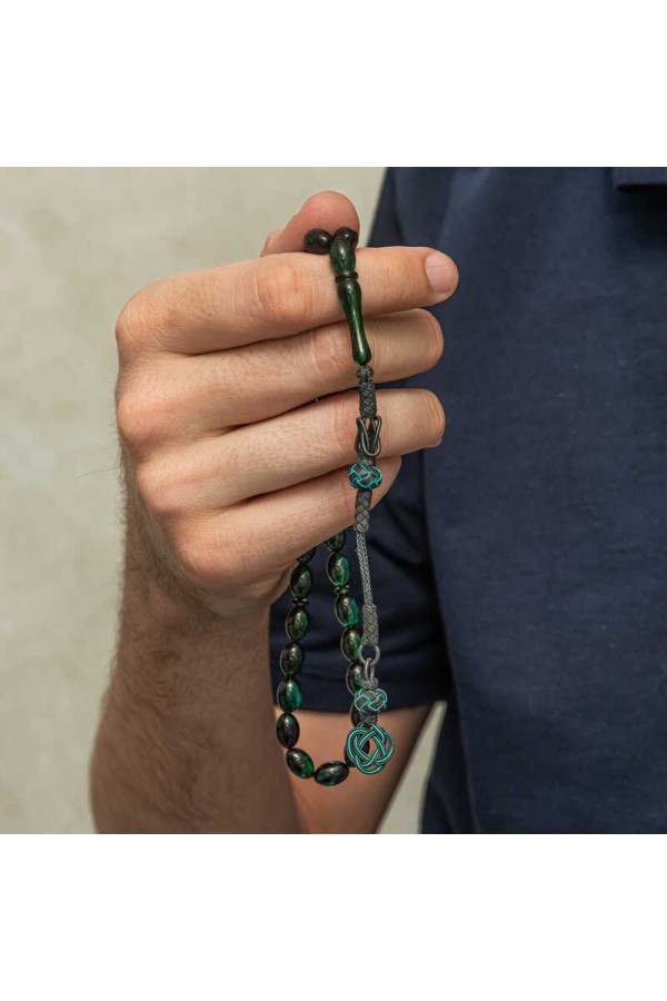 Gümüş Kazaz Püsküllü Yeşil Sıkma Kehribar Tesbih