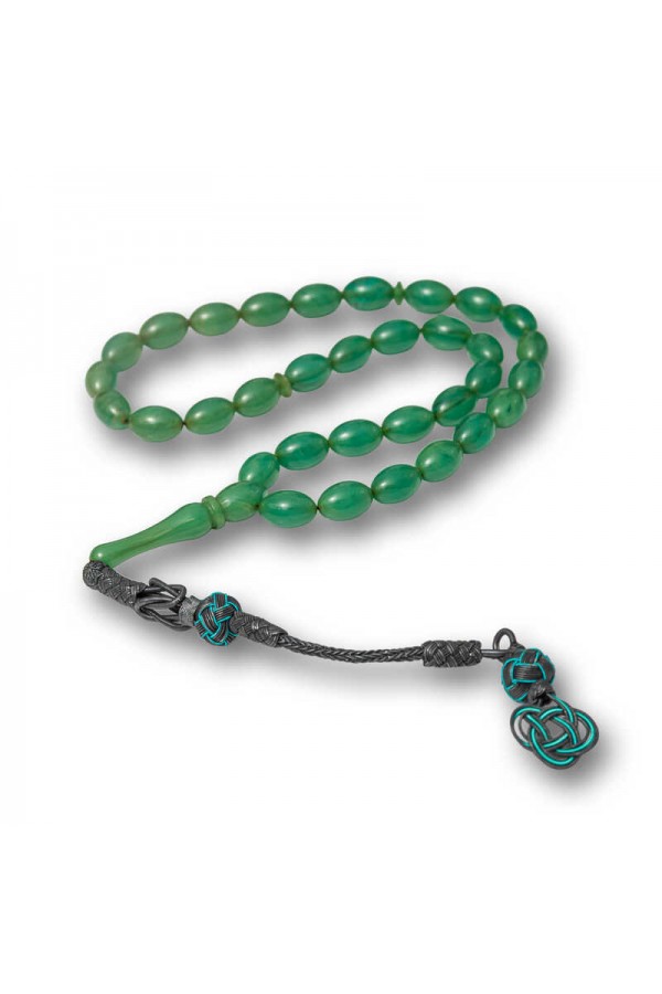 Gümüş Kazaz Püsküllü Yeşil Sıkma Kehribar Tesbih