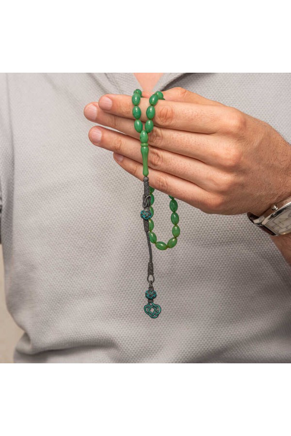 Gümüş Kazaz Püsküllü Yeşil Sıkma Kehribar Tesbih