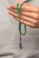Gümüş Kazaz Püsküllü Yeşil Sıkma Kehribar Tesbih