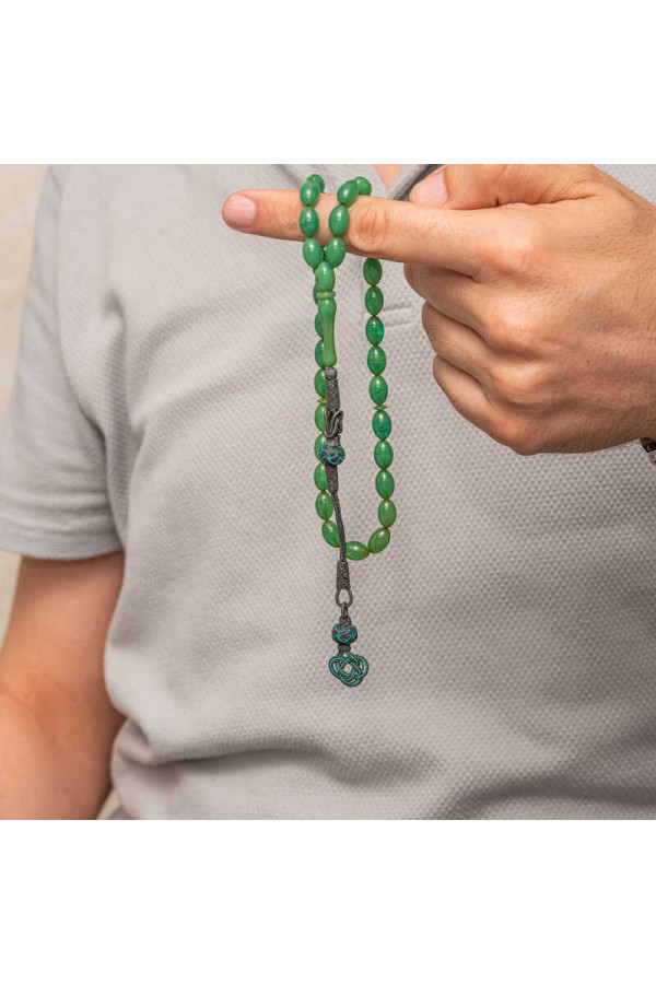 Gümüş Kazaz Püsküllü Yeşil Sıkma Kehribar Tesbih