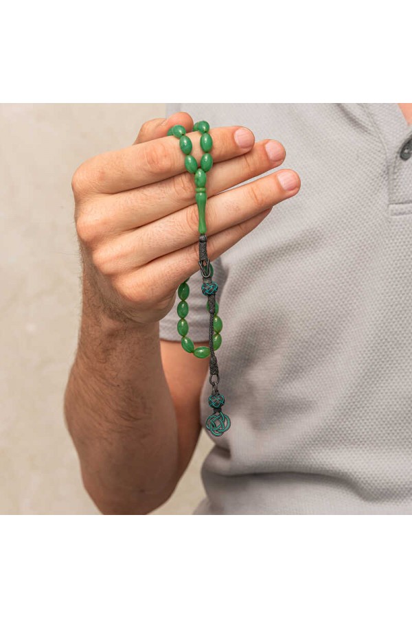 Gümüş Kazaz Püsküllü Yeşil Sıkma Kehribar Tesbih