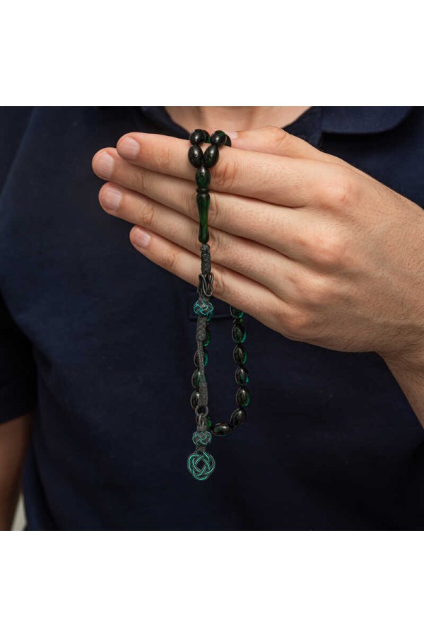 Gümüş Kazaz Püsküllü Yeşil Sıkma Kehribar Tesbih