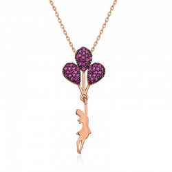 925 Ayar Gümüş Rose Kırmızı Balonlu Kız Kolye