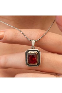 Gümüş Kırmızı Taşlı Dikdörtgen Kadın Kolye