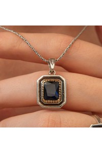 Gümüş Lacivert Taşlı Dikdörtgen Kadın Kolye