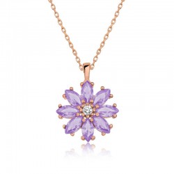 925 Ayar Gümüş Rose Lila Çiçek Kadın Gümüş Kolye