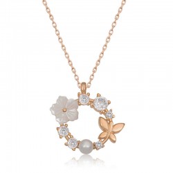 Gümüş Rose Manolya Çiçeği Kelebek Kadın Kolye
