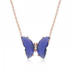 ​925 Ayar Gümüş Mavi Cam Kelebek Kadın Gümüş Kolye