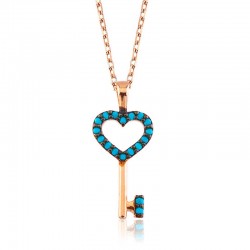 925 Ayar Gümüş Mavi Kalpli Anahtar Kadın Gümüş Kolye
