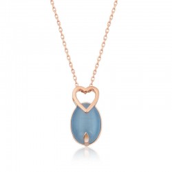 925 Ayar ​Gümüş Mavi Kedi Gözü Taşlı Kalp Kolye
