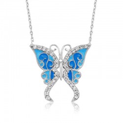 925 Ayar Gümüş Mavi Kelebek Kadın Gümüş Kolye