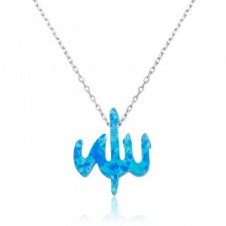 925 Ayar Gümüş Mavi Opal Taşlı Allah Yazılı Kadın Gümüş Kolye