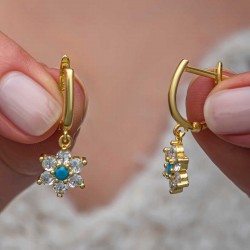 Gümüş Mavi Taşlı Gold Çiçek Kadın Küpe