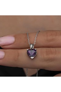 925 Ayar Gümüş Mor Taşlı Kalpli Kadın Kolye