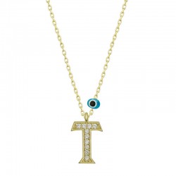 925 Ayar Gümüş Nazar Gold T Harfi Kadın Gümüş Kolye