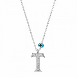 925 Ayar Gümüş Nazar Rodyum T Harfi Kadın Gümüş Kolye