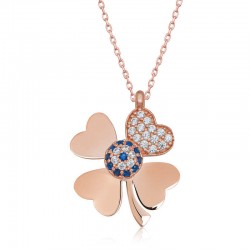 925 Ayar Gümüş Rose Nazarlı Dört Yapraklı Yonca Kadın Gümüş Kolye 925 Ayar Gümüş Rose Nazarlı Dört Yapraklı Yonca Kadın Gümüş Kolye