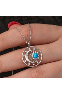 Gümüş Opal Mavi Taşlı Ay Güneş Kadın Kolye Gümüş Opal Mavi Taşlı Ay Güneş Kadın Kolye