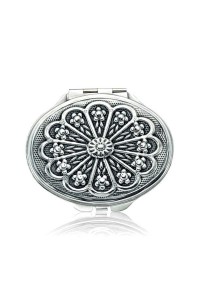 925 Ayar Gümüş Papatya Motifli Kapaklı Oval El Aynası