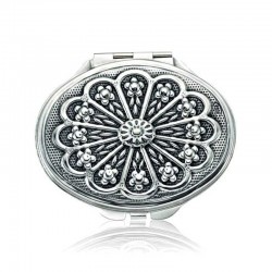 925 Ayar Gümüş Papatya Motifli Kapaklı Oval El Aynası