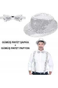 Gümüş Payetli Şapka ve Papyon Seti – Parıltılı Yetişkin Kostüm Seti