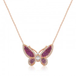 925 Ayar Gümüş Pembe Kelebek Kadın Gümüş Kolye