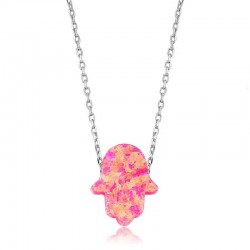 925 Ayar Gümüş Pembe Opal Fatma Eli Kadın Gümüş Kolye