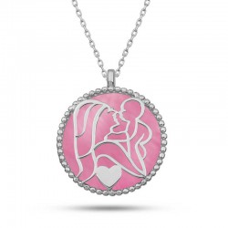 Gümüş Pembe Sedef Taşlı Anne Çocuk Sevgisi Kolye
