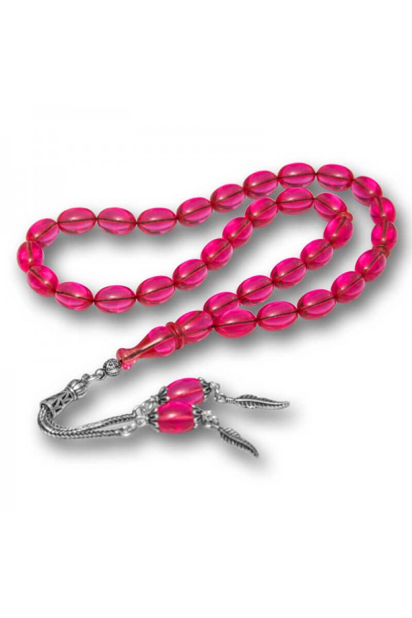 Gümüş Püsküllü Pembe Ateş Kehribar Tesbih Gümüş Püsküllü Pembe Ateş Kehribar Tesbih