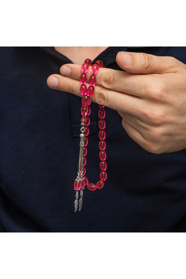 Gümüş Püsküllü Pembe Ateş Kehribar Tesbih Gümüş Püsküllü Pembe Ateş Kehribar Tesbih