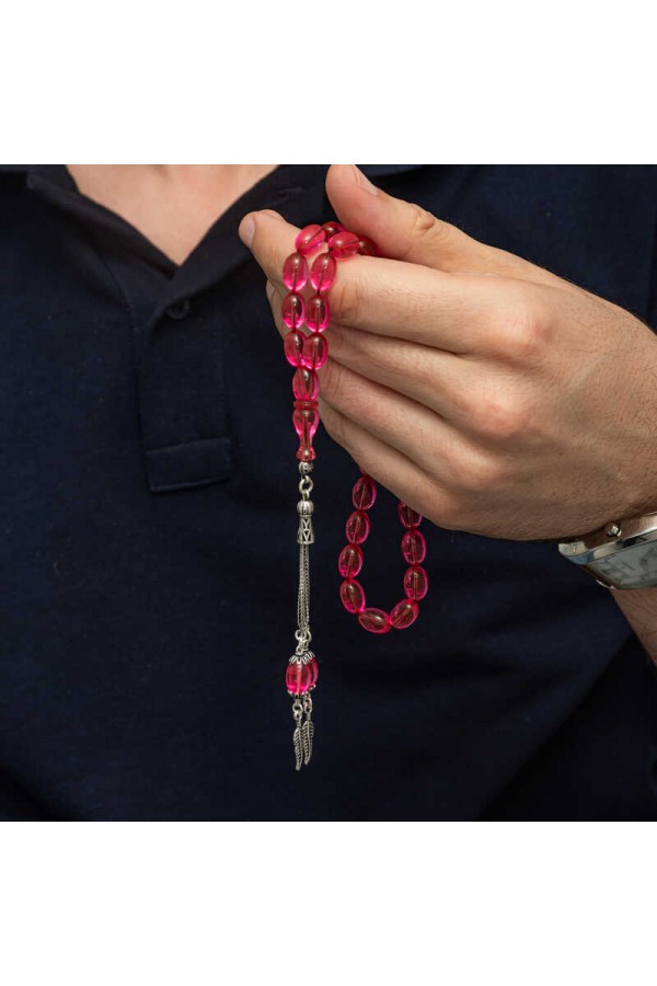 Gümüş Püsküllü Pembe Ateş Kehribar Tesbih Gümüş Püsküllü Pembe Ateş Kehribar Tesbih