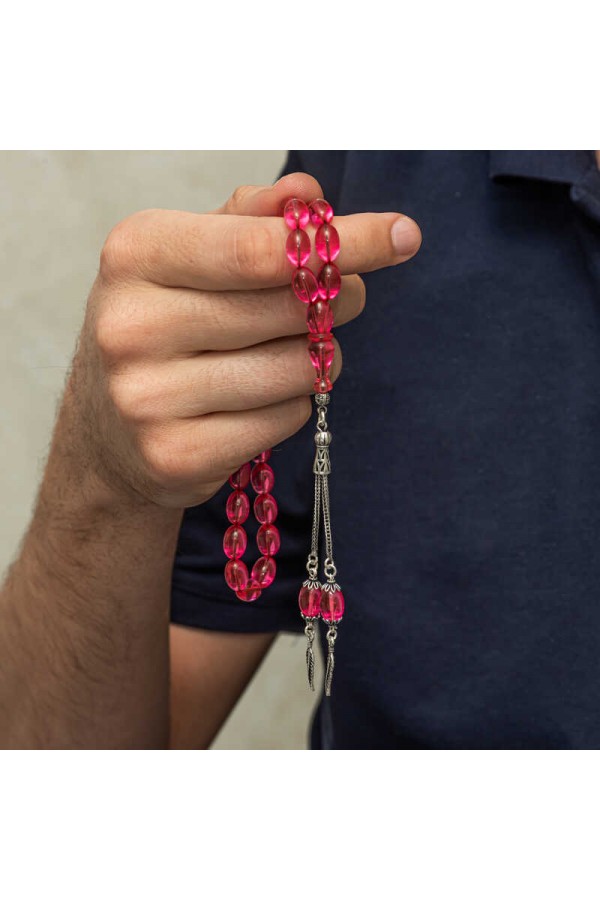 Gümüş Püsküllü Pembe Ateş Kehribar Tesbih Gümüş Püsküllü Pembe Ateş Kehribar Tesbih
