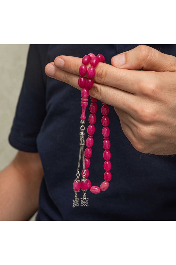 Gümüş Püsküllü Pembe Sıkma Kehribar Tesbih Gümüş Püsküllü Pembe Sıkma Kehribar Tesbih