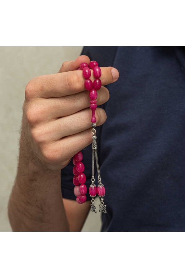 Gümüş Püsküllü Pembe Sıkma Kehribar Tesbih Gümüş Püsküllü Pembe Sıkma Kehribar Tesbih