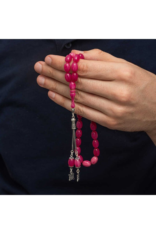 Gümüş Püsküllü Pembe Sıkma Kehribar Tesbih Gümüş Püsküllü Pembe Sıkma Kehribar Tesbih