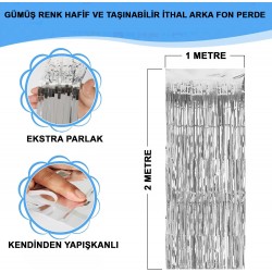 Gümüş Renk Ekstra Metalize Parlak Saçaklı Arka Fon Perde İthal A Kalite 1x2 Metre Gümüş Renk Ekstra Metalize Parlak Saçaklı Arka Fon Perde İthal A Kalite 1x2 Metre