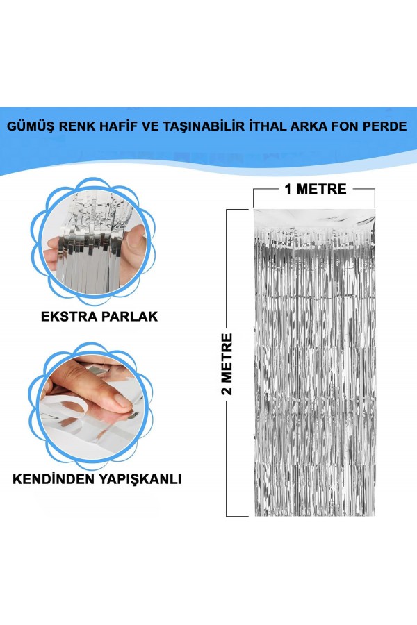 Gümüş Renk Ekstra Metalize Parlak Saçaklı Arka Fon Perde İthal A Kalite 1x2 Metre Gümüş Renk Ekstra Metalize Parlak Saçaklı Arka Fon Perde İthal A Kalite 1x2 Metre