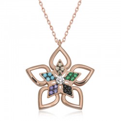 ​925 Ayar Gümüş Renkli Taşlı Çiçek Kadın Gümüş Kolye