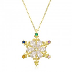 925 Ayar Gümüş Gold Renkli Taşlı Kar Tanesi Kadın Gümüş Kolye